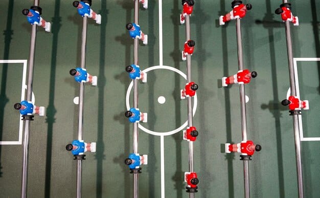An overhead view of a FIFA 25 match, illustrating the traditional 4-4-2 formation with players neatly positioned in their respective zones, highlighting the balance between defense and attack.