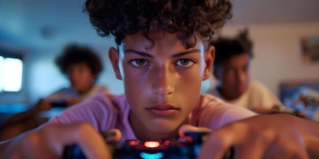 A close-up shot of a young, diverse group of FIFA eSports players intensely focused on the game, with their hands moving rapidly across the controllers. The background should be slightly blurred to emphasize the players' concentration.