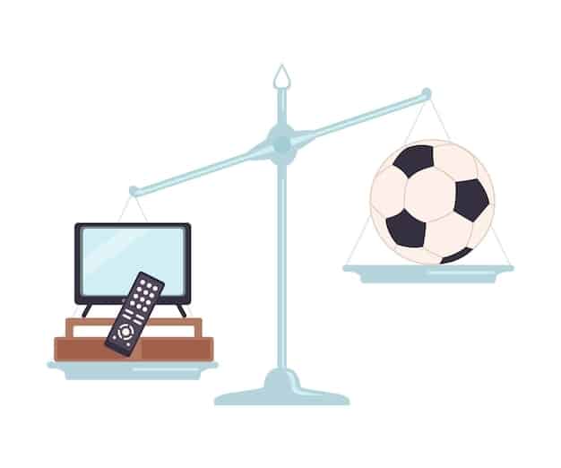 A digital representation of legal scales balancing a football and a gavel against a backdrop of global football stadiums, signifying justice in sports.