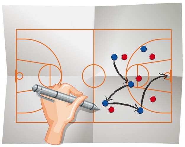 A detailed diagram showing the field of play with various lines and zones, highlighting an area under scrutiny, illustrating the analytical aspect of refereeing and VAR.