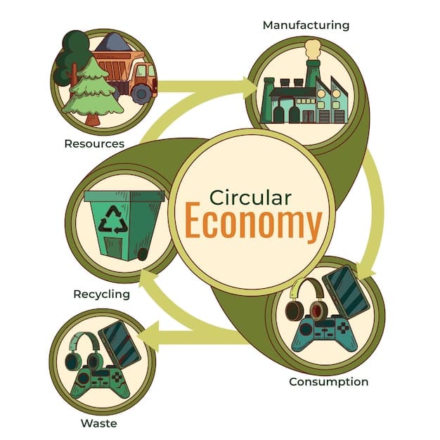 A detailed diagram showing a circular economy model applied to a stadium, illustrating waste reduction, recycling bins, composting facilities, and reuse of materials, all contributing to zero waste.