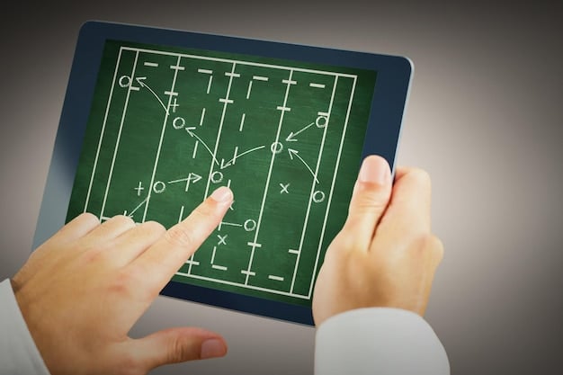 A medical professional explaining complex medical data on a tablet to a football coach, symbolizing data-driven decision-making in player health management. Focus on technology and detailed data.