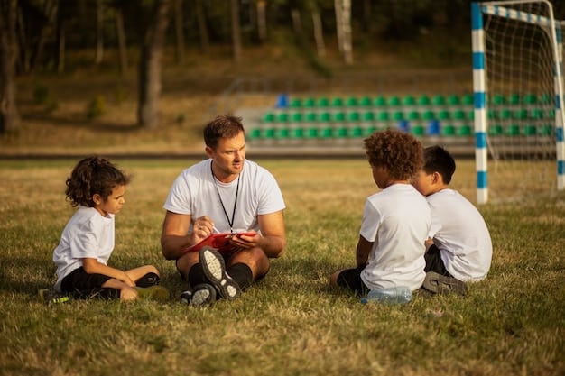 A referee speaking sternly to a youth soccer coach and a parent on the sideline during a match, while young players watch from the field, illustrating a heated interaction.