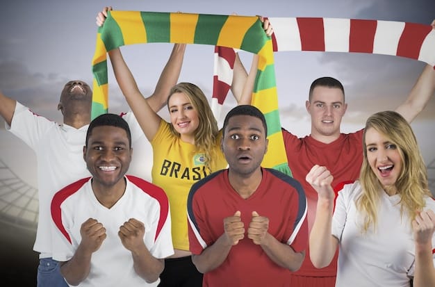 A diverse group of international football fans, adorned in various national jerseys, celebrating enthusiastically in front of a famous landmark in a US host city, with confetti falling and a vibrant sense of camaraderie.