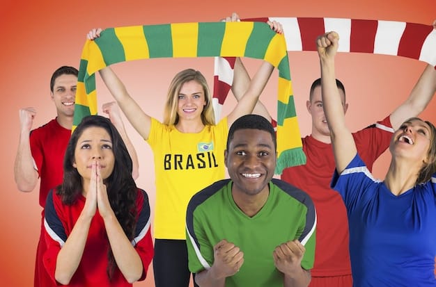 A vibrant crowd of soccer fans from various nations interacting and celebrating in a designated World Cup fan zone, showcasing diversity and camaraderie.