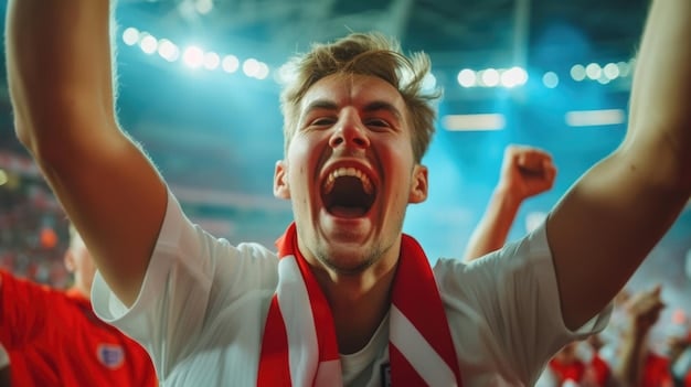 A dynamic image of a Serbian national football team player celebrating a goal against a strong European opponent, with jubilant teammates around him and a packed stadium in the background, subtly indicating an upset victory.