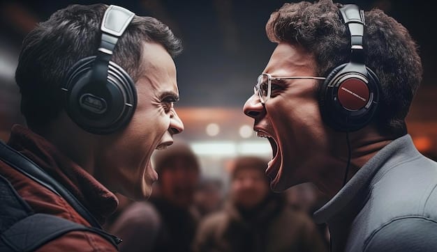 A vibrant action shot of two eMLS pro players competing head-to-head on a large stage, with bright lights and a cheering crowd in the background, showcasing the excitement and professionalism of eSports tournaments.