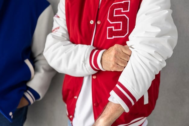 A close-up of a stylish US soccer fan wearing a vintage-style team scarf and a subtle, dark-colored jacket with an embroidered team crest, showcasing a blend of traditional and modern fan attire.