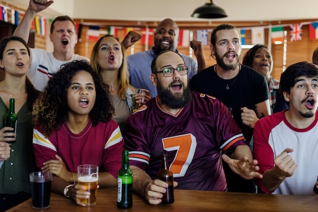 Diverse group of soccer fans from different backgrounds cheering together at a community event, wearing team jerseys.