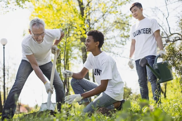 A group of diverse soccer fans volunteering at a local community garden, showing teamwork and positive impact.