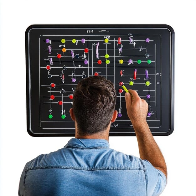 A detailed strategic board with soccer tactics and player positions, illustrating planning and decision-making for a future match.
