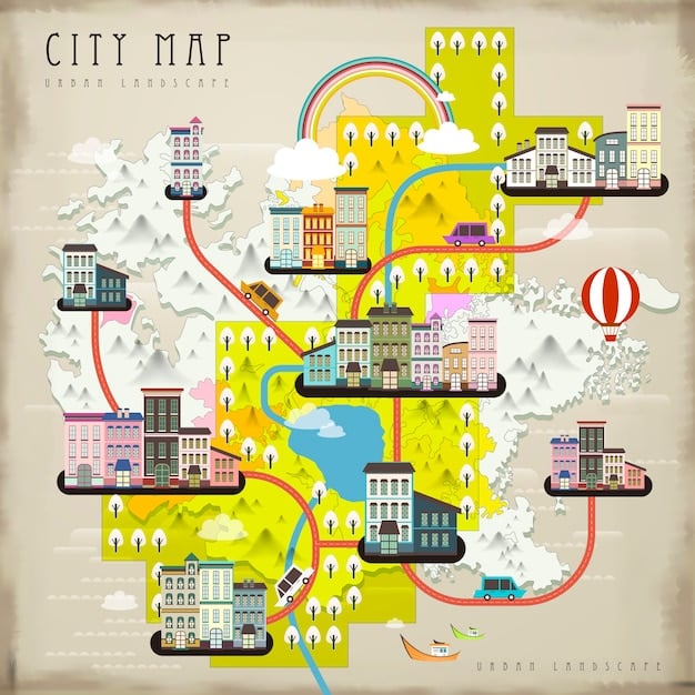 A detailed map of a US host city, highlighting public transportation routes, stadium location, and typical tourist attractions, with miniature icons representing various travel modes.