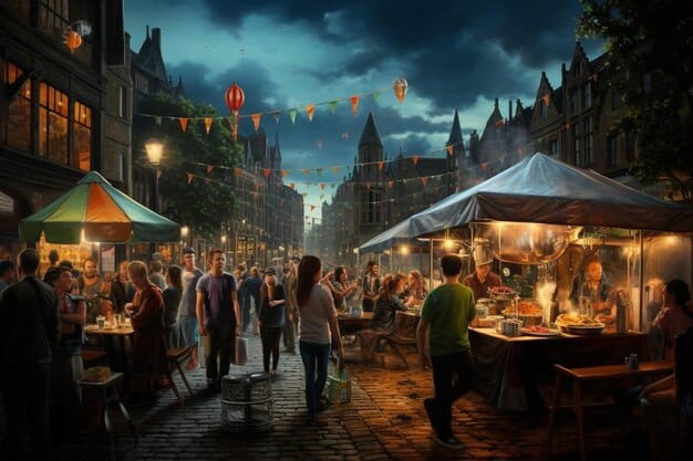 A vibrant street scene in a US host city, with diverse crowds interacting, street performers, and local food stalls, illustrating the cultural richness beyond the World Cup matches.