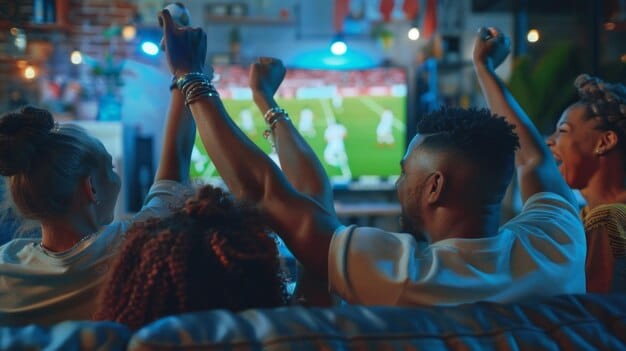 A diverse group of people from different cultural backgrounds cheering enthusiastically inside a modern soccer stadium filled with spectators, with warm, inviting lighting.
