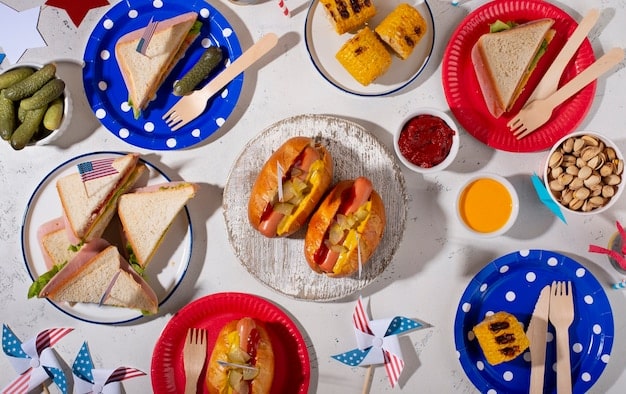 A vibrant buffet table laden with diverse international finger foods, themed snacks, and various beverages, with small national flags marking each dish, set up for a lively World Cup viewing party.