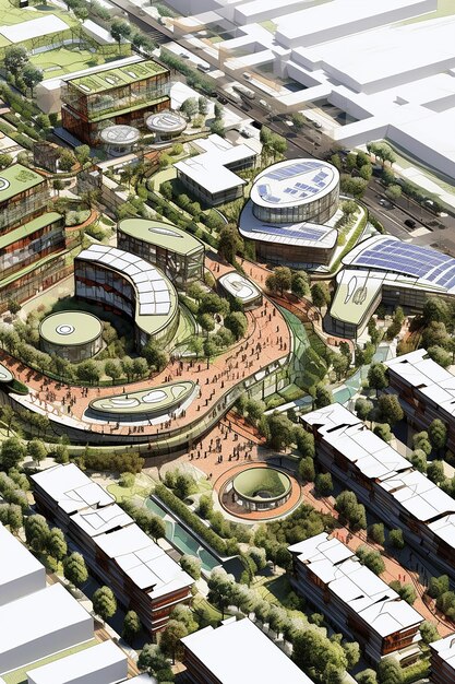 A detailed architectural rendering of a stadium complex, showing surrounding urban development, green spaces, and integrated public transport, illustrating a holistic legacy plan.