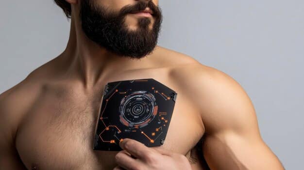A detailed close-up shot of a soccer player's chest area, showing a snug-fitting base layer with an integrated data tracking device or pod, highlighting the discreet nature of modern wearable tech.