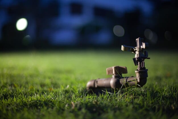 A detailed close-up of a smart irrigation system on a soccer pitch, showing water-saving nozzles and sensors embedded in the turf, with a blurred stadium background.