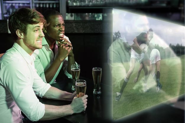Dynamic stadium environment at night, with a diverse group of US soccer fans excitedly watching a large screen displaying augmented reality statistics and player information during a live match.