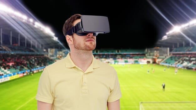 A soccer player wearing a VR headset, with virtual soccer field elements overlaid on a real-world setting, showing data visualizations and AI prompts appearing around them.