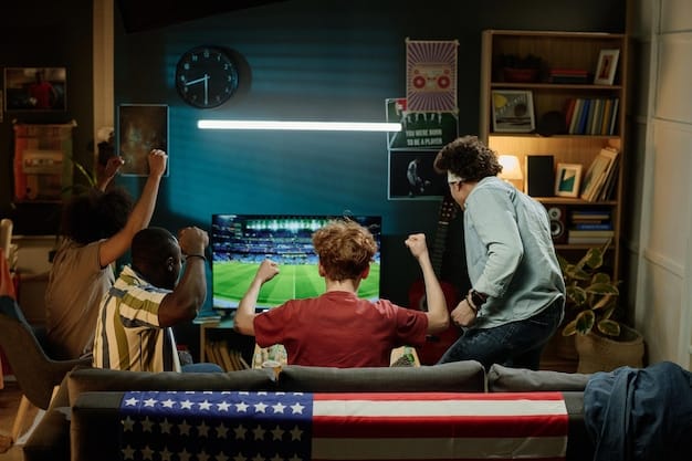 A young US fan engrossed in watching an e-sports soccer match on a large screen, with friends around, illustrating communal digital viewership. Emphasize excitement and youth culture.