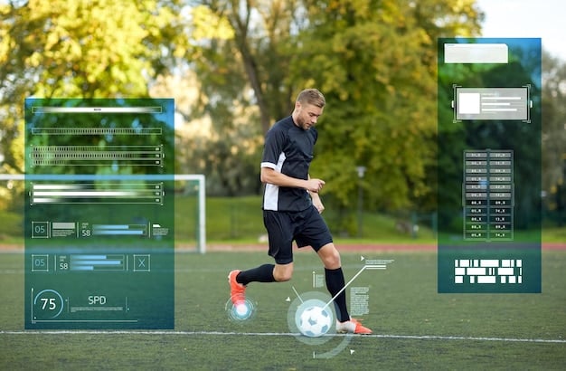A futuristic graphic showing a data overlay on a soccer field during a match, highlighting real-time player statistics and strategic insights, indicative of advanced tech integration in sports.