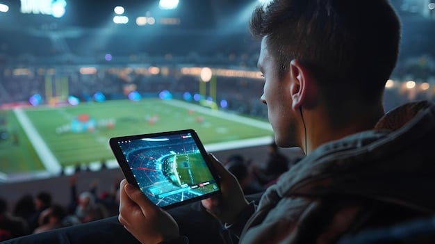 A soccer coach looking at a tablet displaying complex data visualizations of player movements and tactical formations during a match, in a modern analytics lab.
