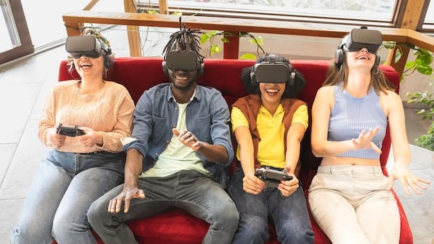 Group of young soccer players in a community center using VR headsets for training, signifying accessibility and widespread adoption. Diverse group, bright, modern setting.