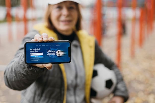 A close-up of a smartphone screen displaying a soccer team's official mobile app, showing live match updates, fan chat, and gamification elements like a prediction contest leaderboard, with a blurred stadium background.