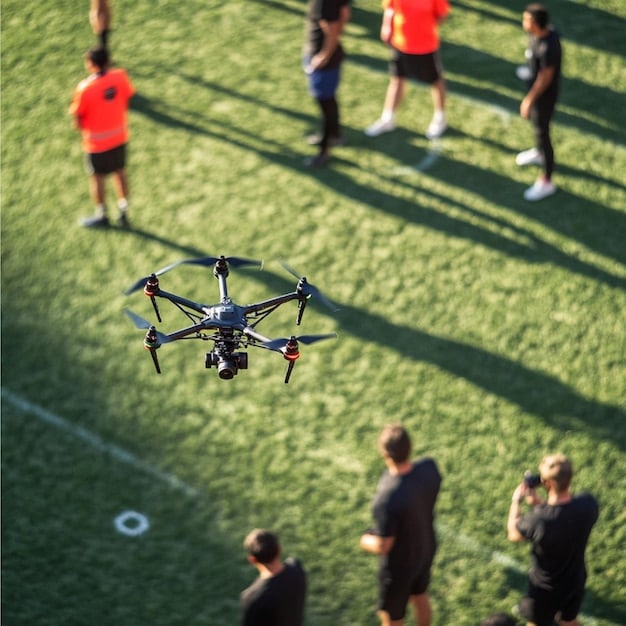A drone capturing a specific soccer drill, showing the drone hovering above the field with players below executing a passing pattern, illustrating tactical analysis.