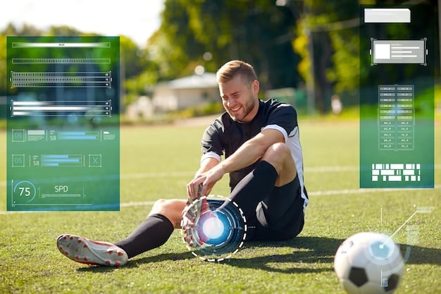 A detailed digital dashboard showing various performance metrics and heatmaps of a young soccer player on a screen, with a US Soccer logo subtly visible. A hand is pointing to a specific data point, suggesting analysis.