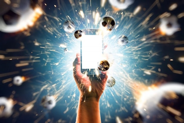 A soccer fan in a stadium looking at their phone, which displays personalized AI-driven content, with abstract data flowing around them.