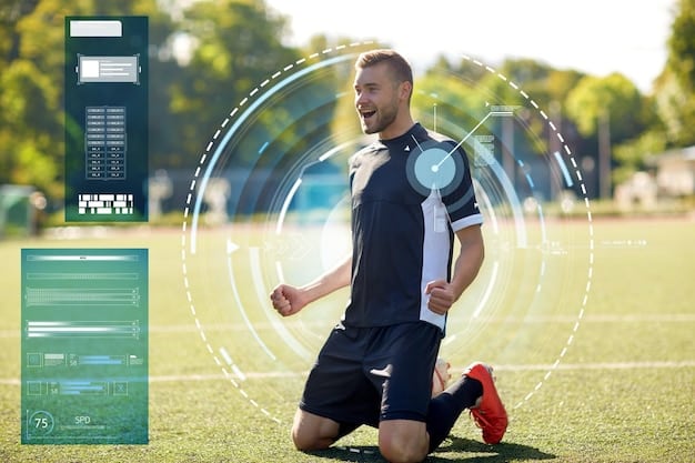 A soccer coach interacting directly with players on the field, with subtle AI data visualizations overlaid around them, showing harmonious integration of tech and human interaction.