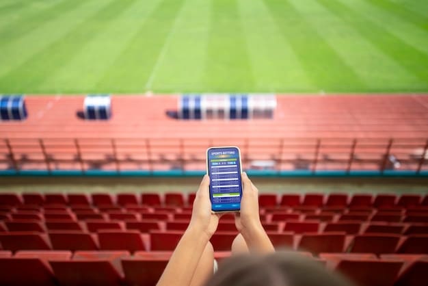 A fan in a stadium using an augmented reality enable smartphone to view real-time player statistics overlaid on the field, with a vibrant, dynamic display.