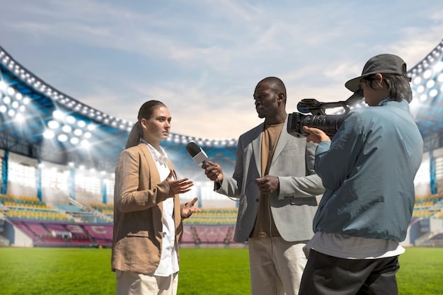 A diverse group of fans in a modern sports stadium interacting with their smartphones showing personalized content and augmented reality overlays on the field, with expressions of excitement.