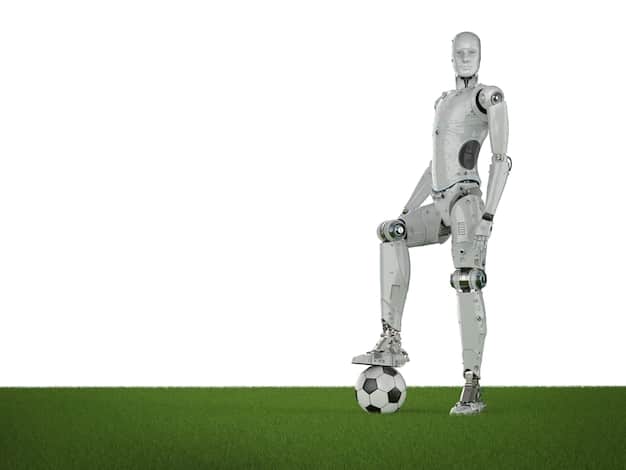 A detailed render of data visualization from an exoskeleton sensor, showing a soccer player's lower limb biomechanics during a sprint, with graphs illustrating force distribution and muscle activation patterns.
