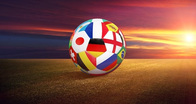 A close-up shot of a soccer ball in mid-air during a FIFA World Cup match. The ball is slightly blurred due to the fast motion, with a stadium full of cheering fans in the background, signifying the energy and excitement of the game.