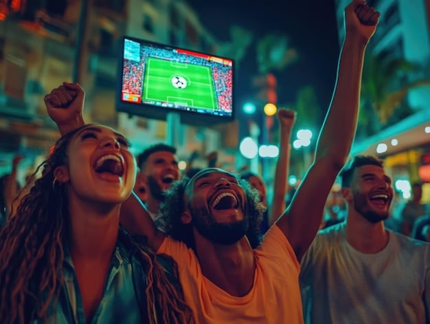 A split screen showing, on one side, a soccer club celebrating a victory with fans cheering, and on the other side, financial documents and calculations, symbolizing the balance between on-field performance and financial compliance with 'FIFA's Latest Financial Fair Play Rules: What US Clubs Need to Know by January 2025'.