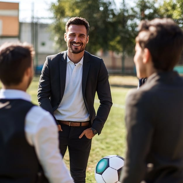 A soccer player signing a contract with representatives from his new club and agent, with the club's stadium visible in the background. The focus is on the signing process and the excitement surrounding a player's transfer.
