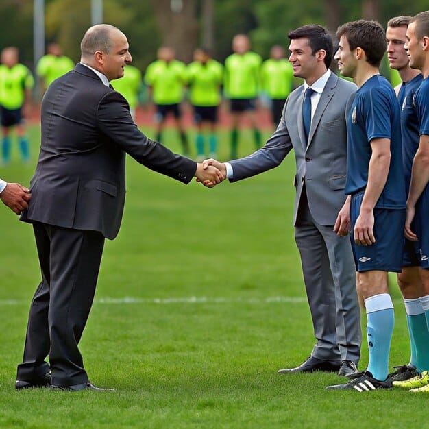 An image of a sports agent shaking hands with a soccer player over a contract, symbolizing the formal agreement and representation now governed by 'FIFA's New Agent Regulations: How They Affect Player Representation in the US Market'.