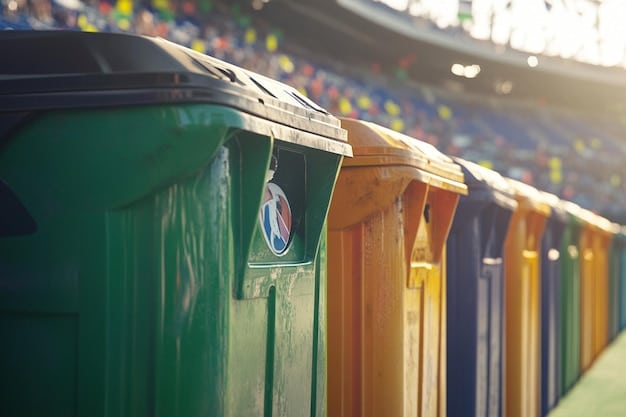 A close-up of recycling bins at a US stadium, clearly labeled for different types of waste, with fans actively sorting their trash. The scene emphasizes waste reduction and recycling efforts as part of FIFA's sustainable football initiatives in US stadiums.