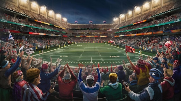 A panoramic view inside a US stadium, showcasing fans enjoying a soccer game. The stadium features visible green initiatives such as solar panels on the roof and efficient LED lighting. The atmosphere is vibrant and eco-friendly, embodying FIFA's goals for sustainable football.