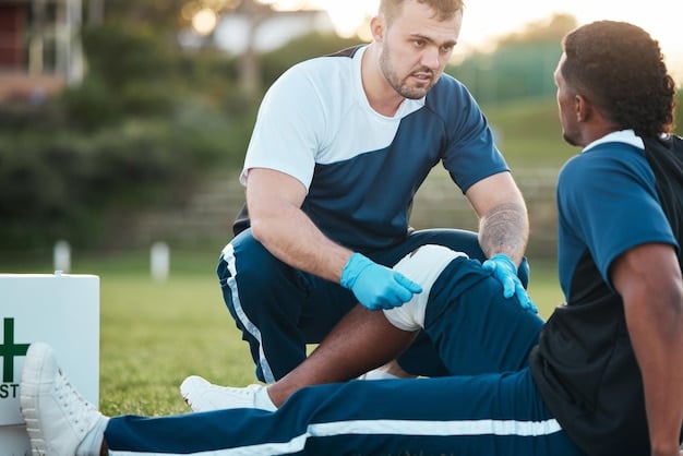 A doctor examining a soccer player on the field during a game in a US professional league. The focus is on the medical professional's attention to detail and the player's concern, highlighting the importance of on-field medical care under FIFA's Medical Regulations: Ensuring Player Safety in the US Professional Leagues.