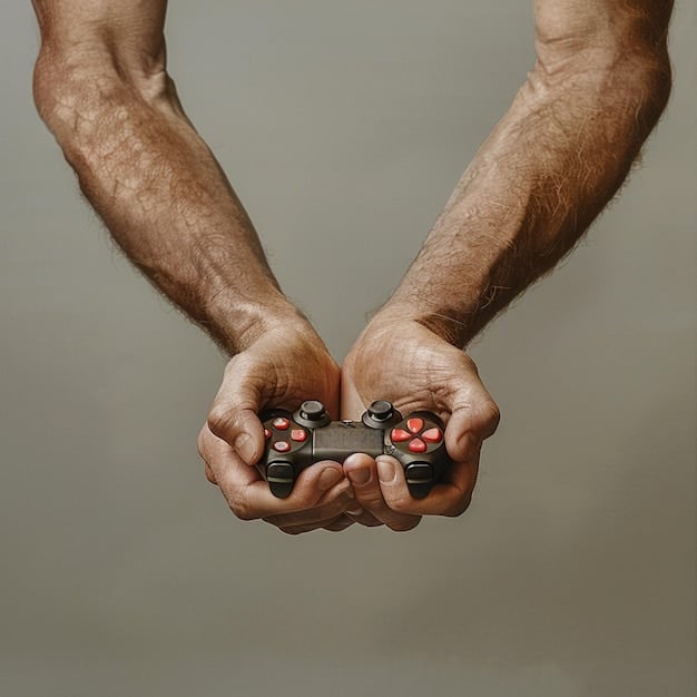 Close-up of an eSports gamer's hands intensely using a controller while playing FIFA, with a blurred background showing a large screen displaying the FIFA game and the energy of a live eSports tournament. The focus is on the precision and dedication involved in competitive FIFA gaming, emphasizing the connection to FIFA's Partnership with Gaming Companies: Exploring the Future of eSports in US Soccer.