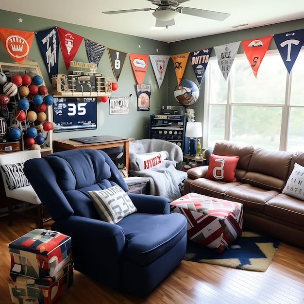 Close-up of a home fan zone decorated with team colors, posters, and memorabilia. Comfortable seating arrangements are visible, along with unique touches like custom-made signs and framed ticket stubs. The lighting is warm and inviting, creating a cozy atmosphere for game days. This showcases Beyond the Jersey: 5 Unexpected Ways to Show Your Team Pride and Boost Fan Morale by 15% through environmental design.