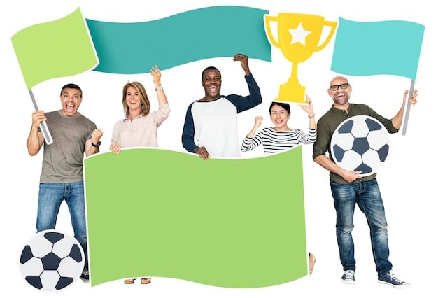 a collage of images depicting various fundraising activities by a soccer fan club, including a bake sale, a raffle event with soccer merchandise, and members wearing branded t-shirts while volunteering at a local event. Make it colorful and lively.
