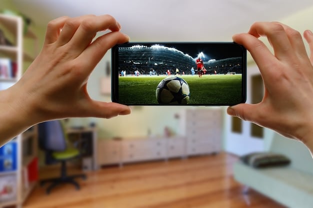 A split-screen image. On one side, a soccer influencer is recording a video with a professional camera. On the other side, fans are gathered watching a soccer game on a large screen, reacting with excitement.