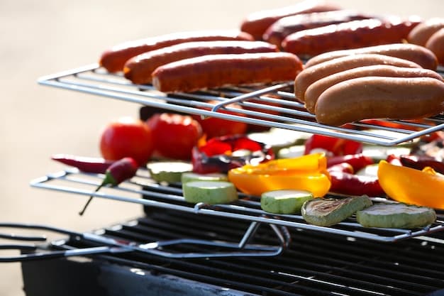 Close-up of a portable grill in action at a tailgate party, with burgers and sausages cooking on the grill. Fans are gathered around, eagerly awaiting the food. The image conveys the aroma and excitement of grilling at a tailgate, essential for Level Up Your Tailgate: 7 Must-Have Gadgets for the Ultimate Pre-Game Party.
