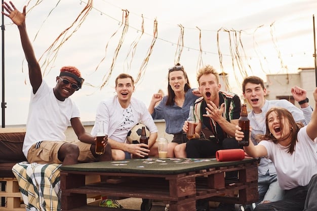A group of fans relaxing in folding chairs around a folding table at a tailgate party. They are eating, drinking, and enjoying each other's company. The image showcases the comfort and relaxation that comfort gadgets bring to tailgating, contributing to Level Up Your Tailgate: 7 Must-Have Gadgets for the Ultimate Pre-Game Party.