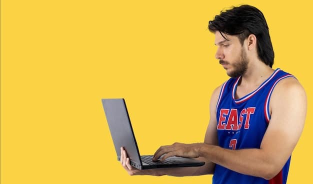 A person using a laptop to search for promo codes and discounts for sports merchandise, with a focus on finding the best deals. The image illustrates the importance of researching and finding promotional codes and negotiating prices when buying fan gear. Highlights Fan Gear on a Budget: 3 Smart Strategies to Save Up to 30% on Official Merchandise by emphasizing smart shopping habits.